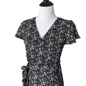Loft Womens Tie Wrap Dress Black Floral Size 6